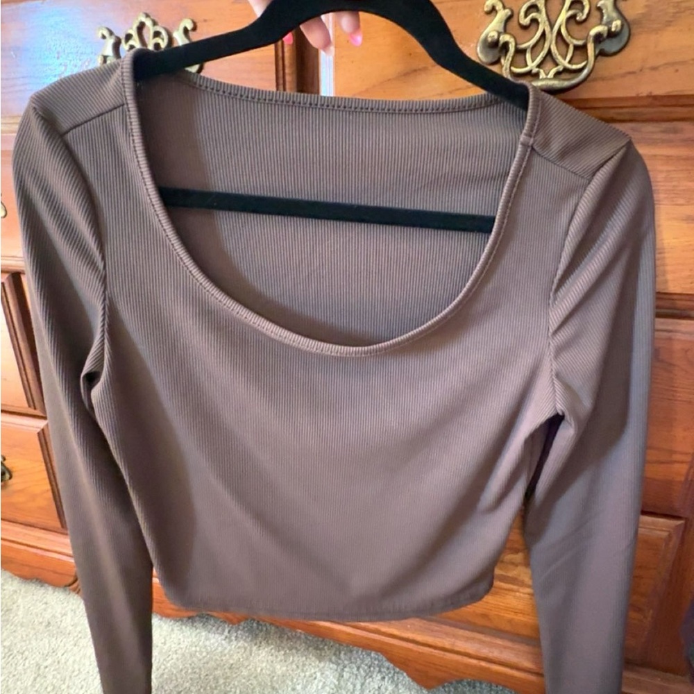SHEIN Chocolate Brown Ribbed Long Sleeve Top